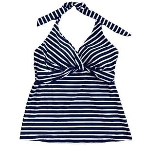 Lands End Tankini Swim Top Sz 8 Halter Molded Soft Cups Navy Blue White Stripes